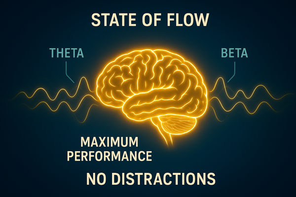 Gráfico conceptual de un cerebro en 'estado de flujo' con zonas de alta actividad sincronizada